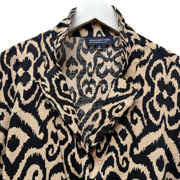 JONES NY Linen Top Plus Size 3X Black Tan Ikat Womens Tunic - Picture 2 of 10